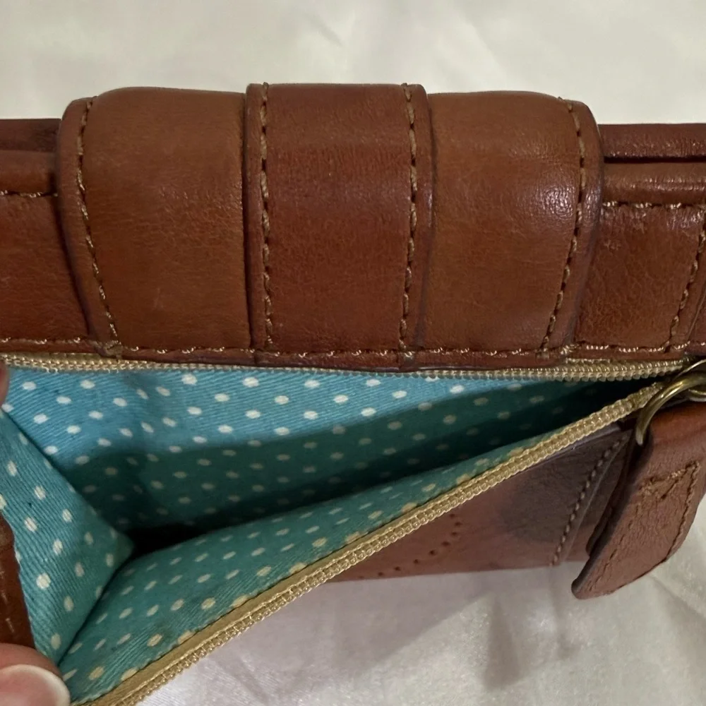 Fossil Emory Multifunction Brown Leather Bifold Wallet with Polka Dot Interior